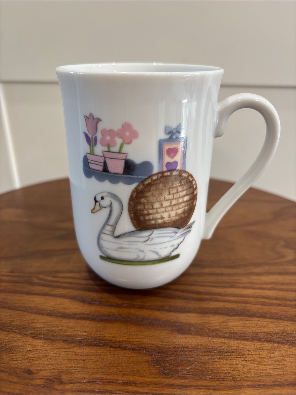 White Ceramic Swan & Basket Accent Mug - Pink Floral Detail